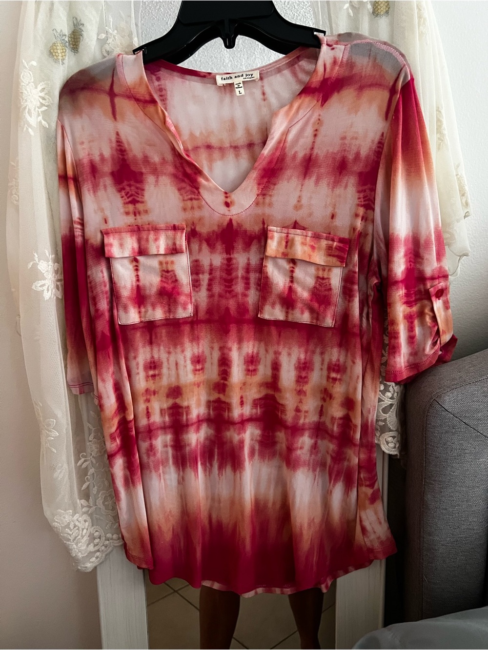 Faith and Joy Pink and Cream Tie-Dye V-Neck Blouse
